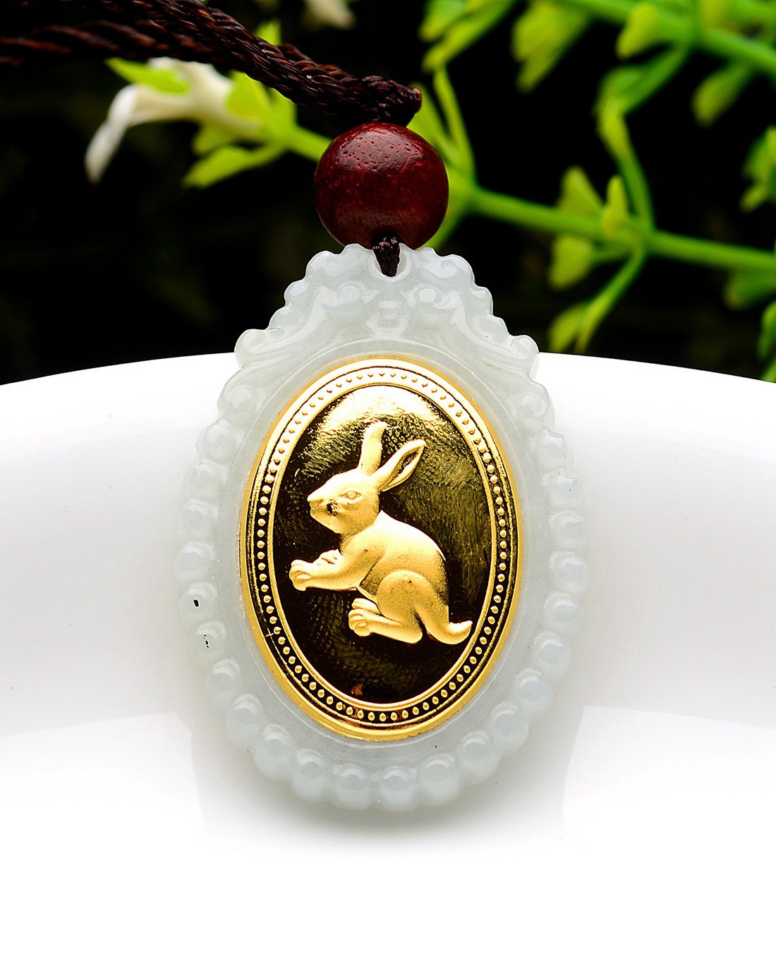 a货翡翠镶千足金十二生肖——兔吊坠