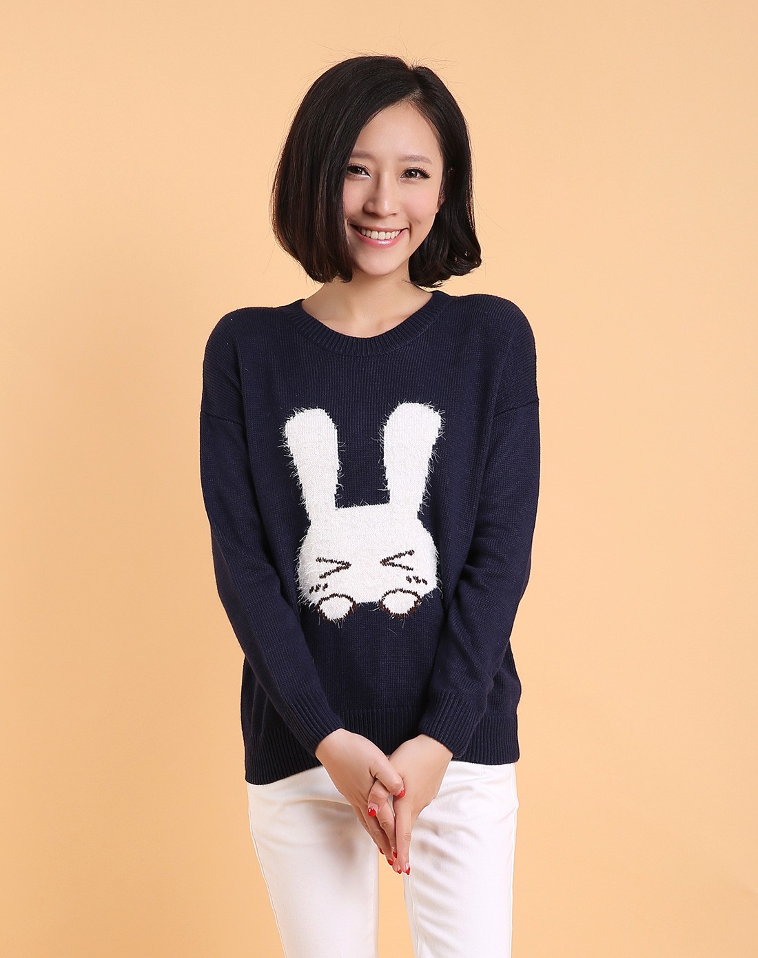 sanfu女款宝蓝色可爱兔子织纹长袖毛衣