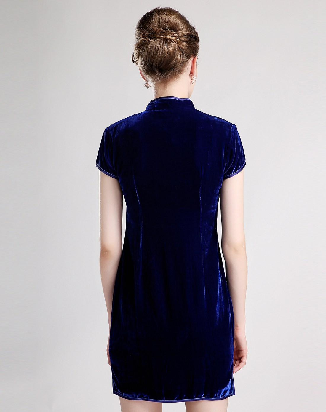 女款宝蓝色植绒真丝短袖连衣裙