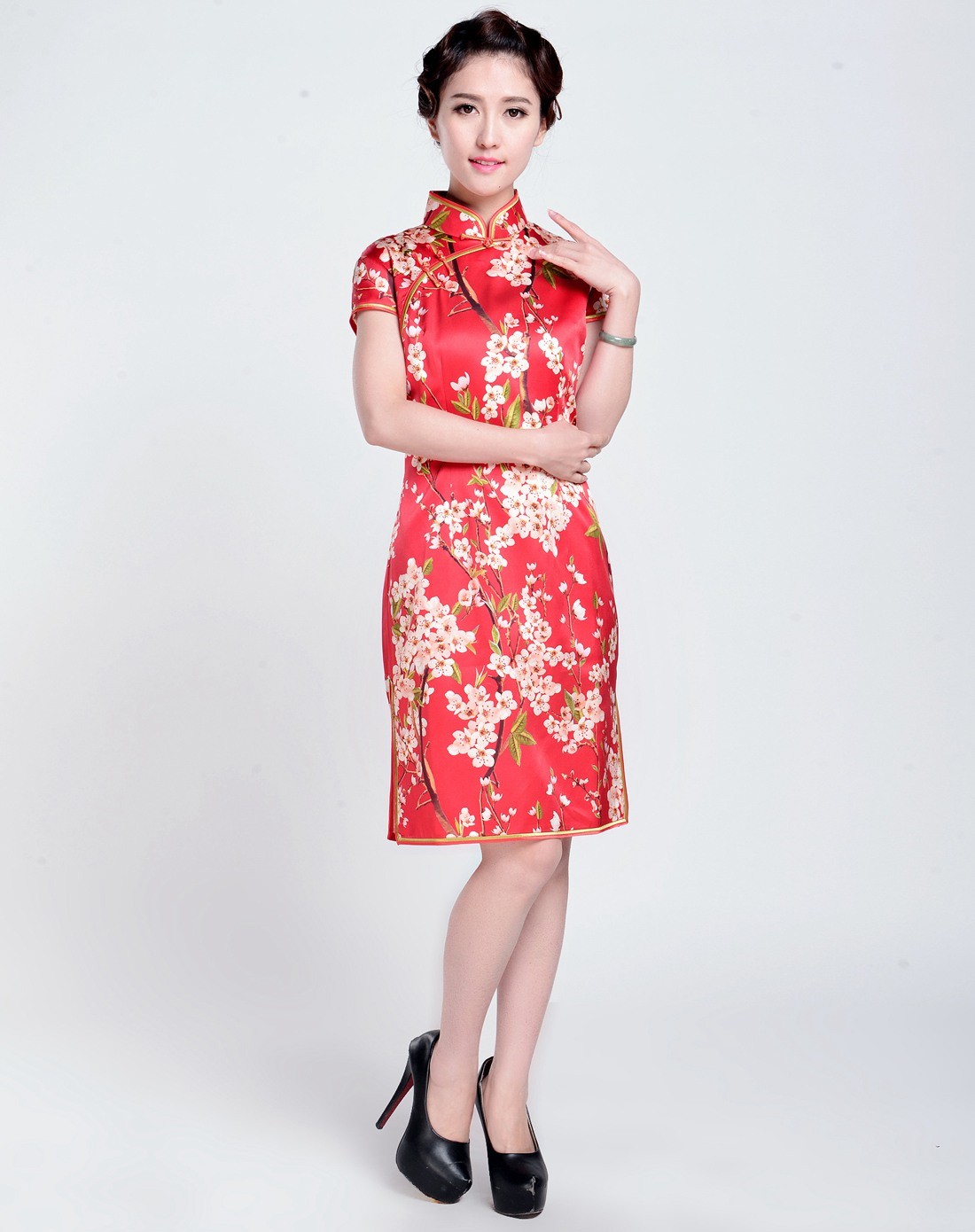 今典旗袍专场女款大红色印花真丝旗袍j43190170_唯品会