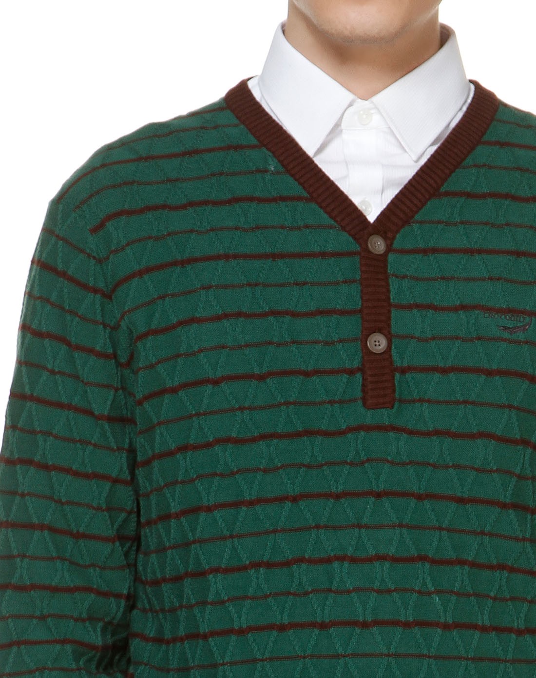 深绿/深咖色v领半开襟长袖针织衫