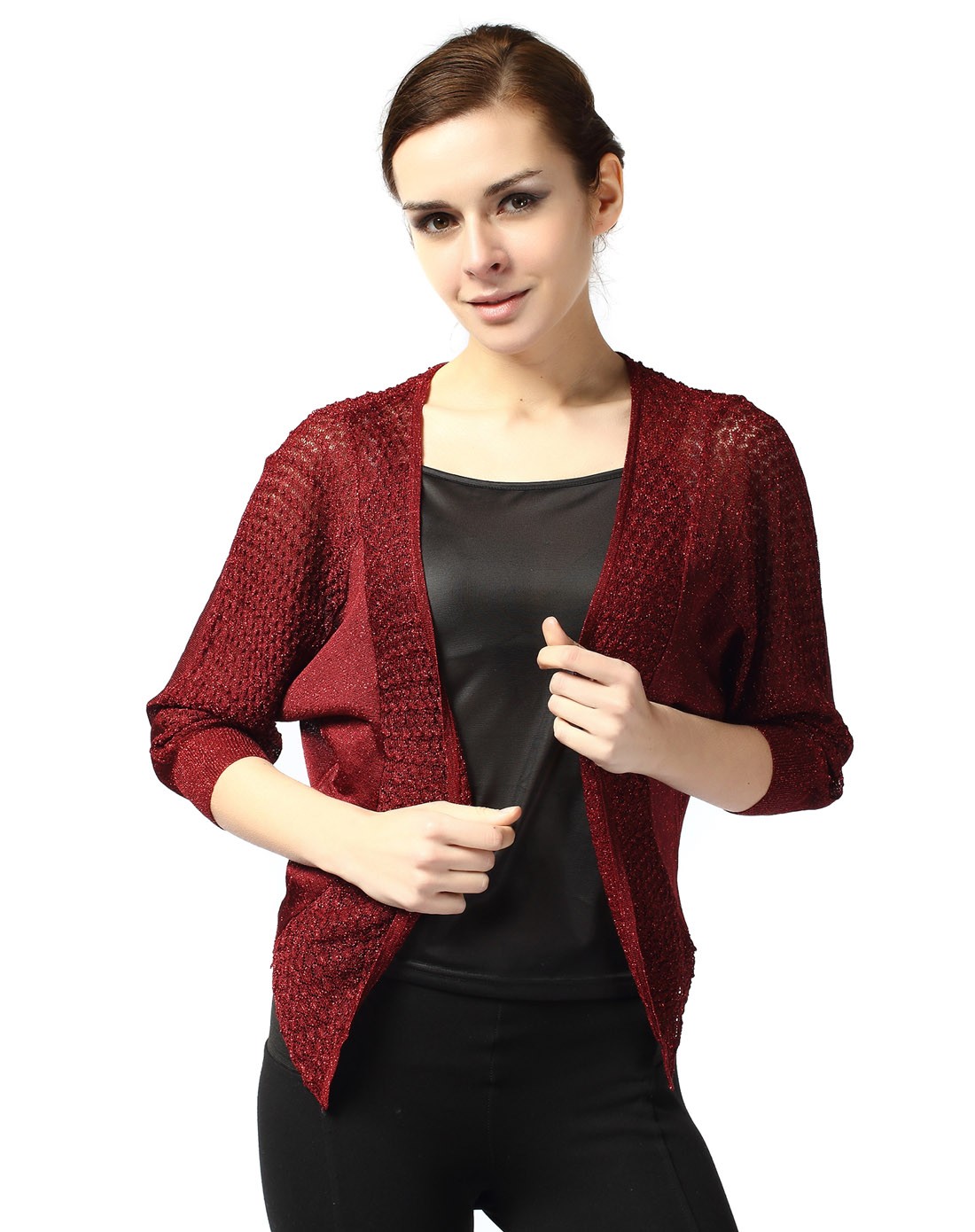 暗红色摩登时尚开襟针织衫