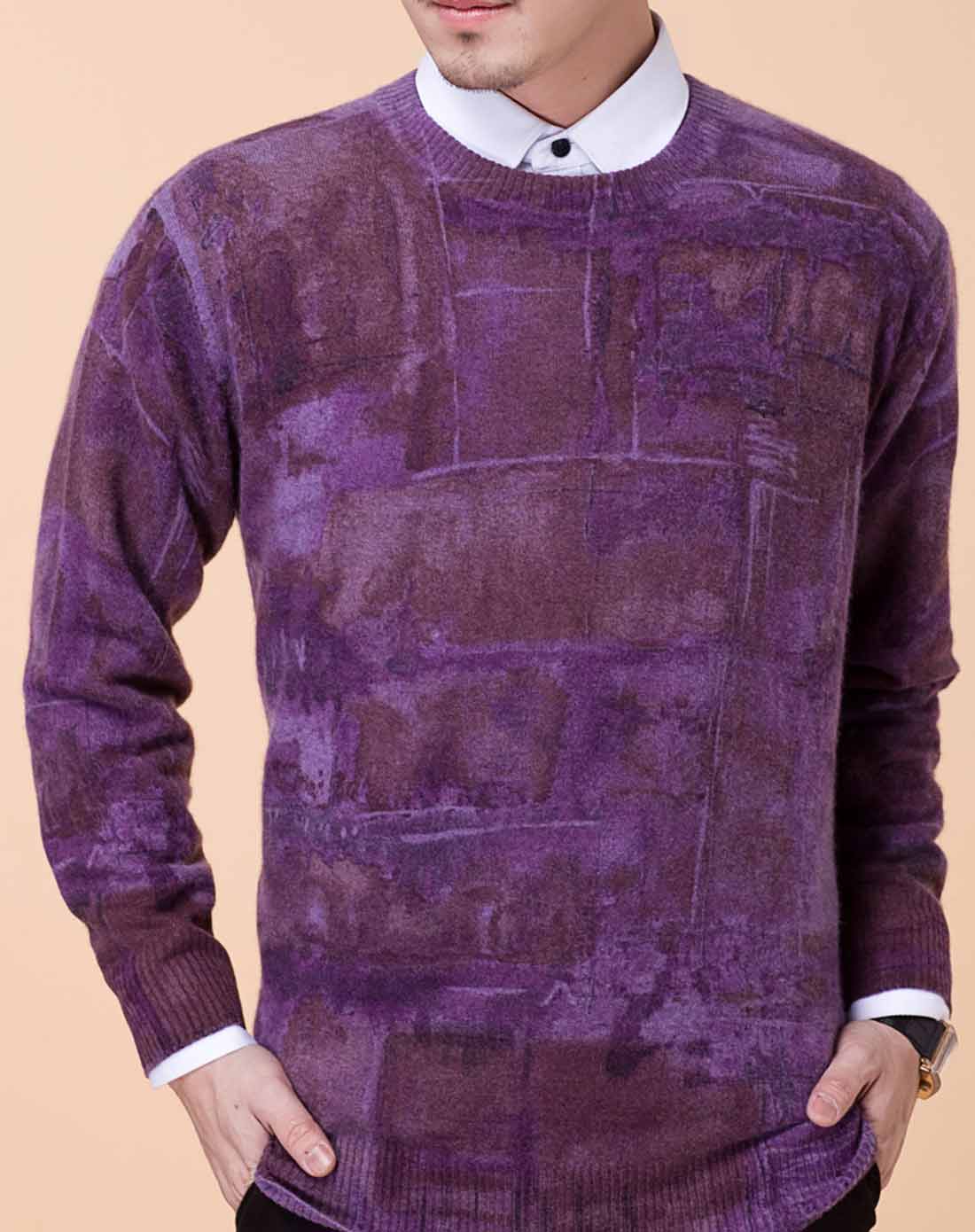 男款圆领灰紫色长袖纯山羊绒衫