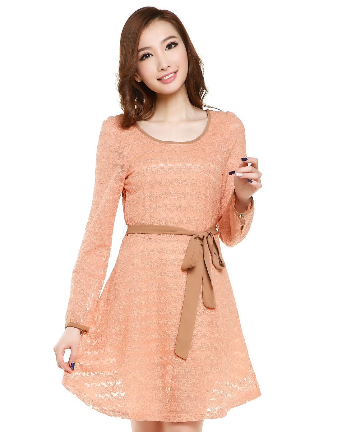 裸粉色淑女修身蕾丝长袖连衣裙