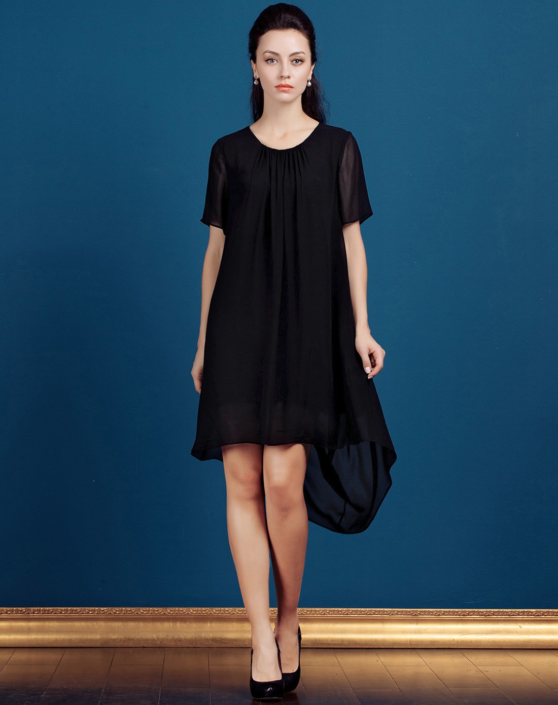 维欧艾voa女装真丝专场黑色短袖真丝乔其连衣裙前短后长a5053170_唯品