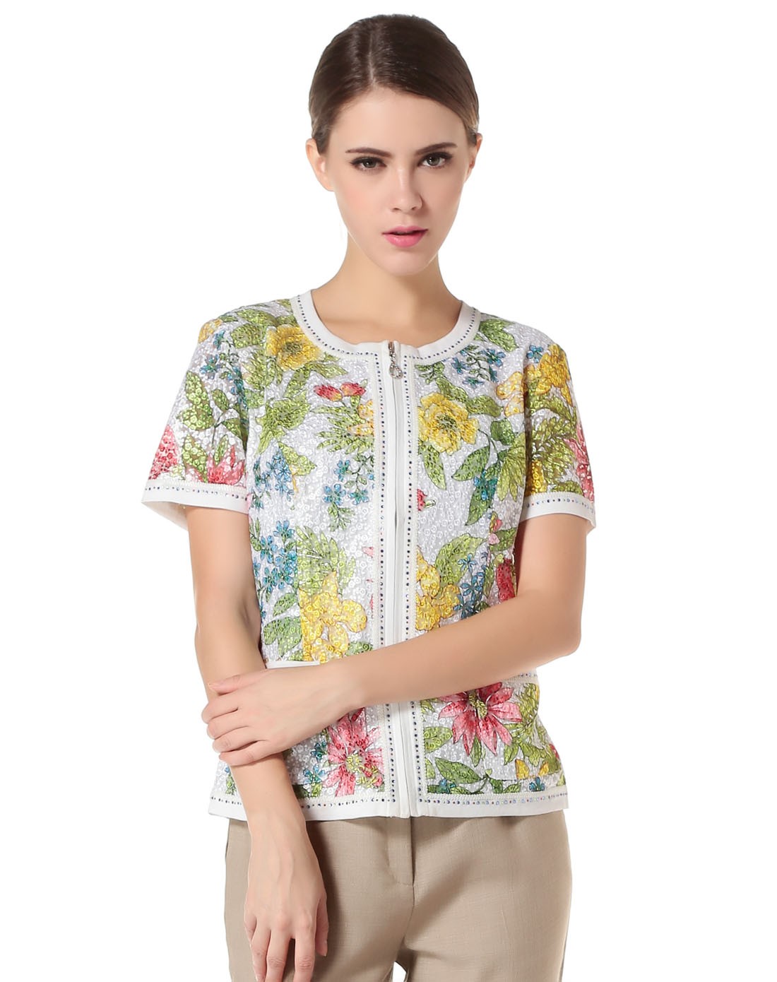 蒙迪爱尔mondial atelier白/多色印花烫钻短袖外套m13bw3011339_唯品