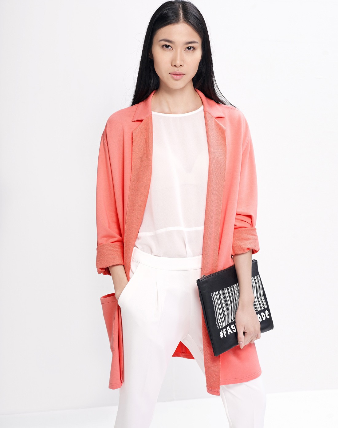 西瓜粉宽松散边口袋中长款西装外套