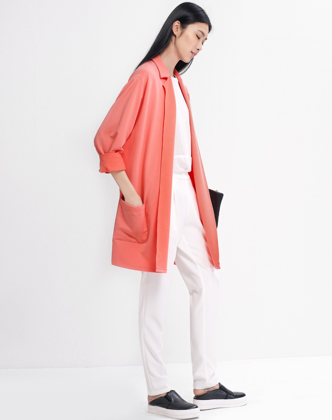 西瓜粉宽松散边口袋中长款西装外套