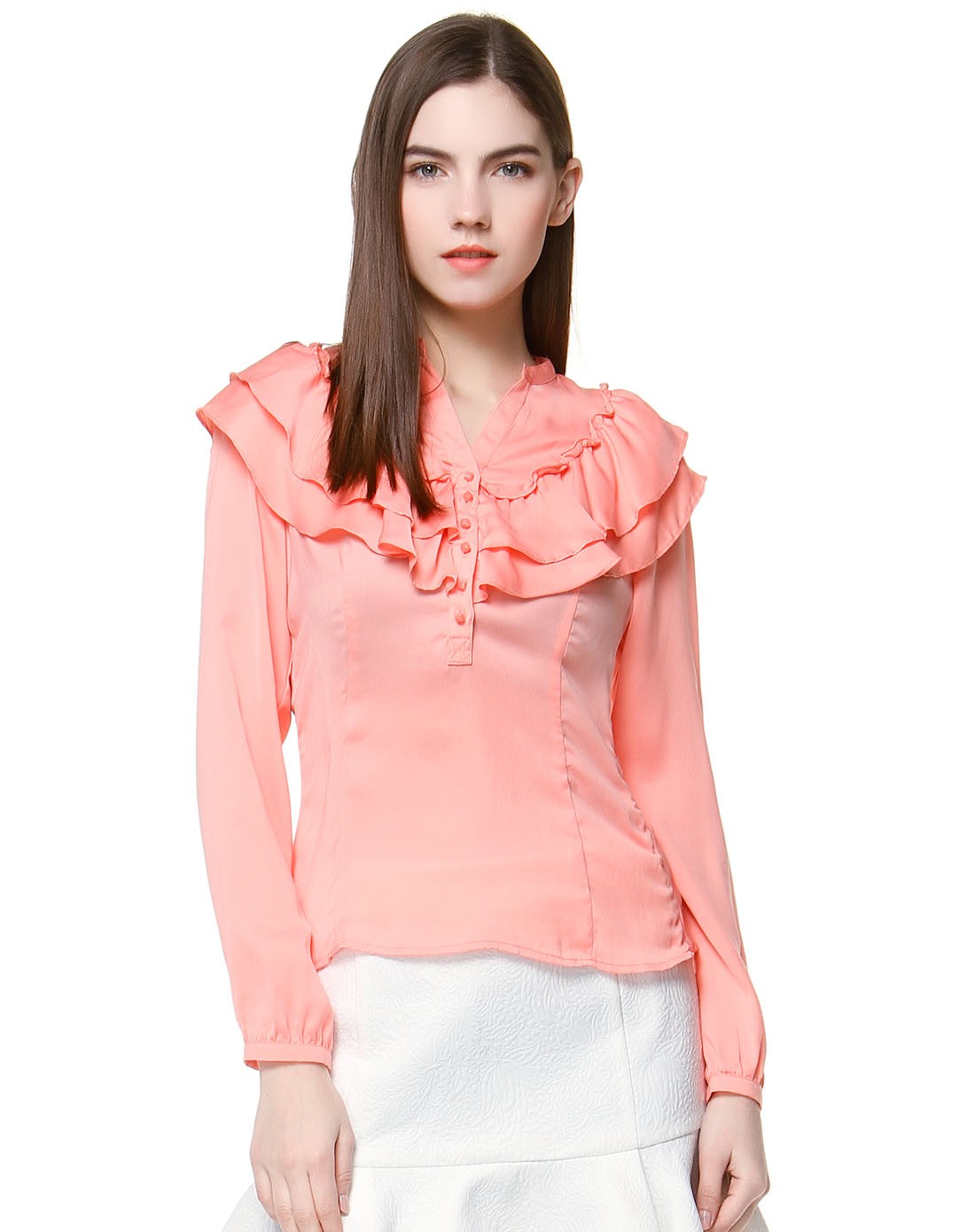 橙粉色淑女碎花领长袖上衣