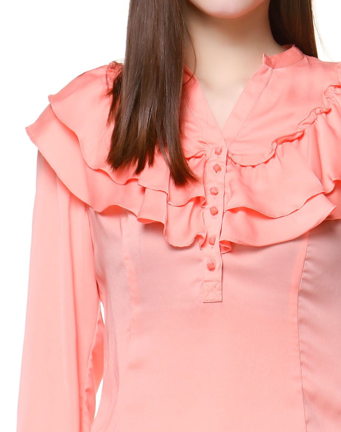 橙粉色淑女碎花领长袖上衣