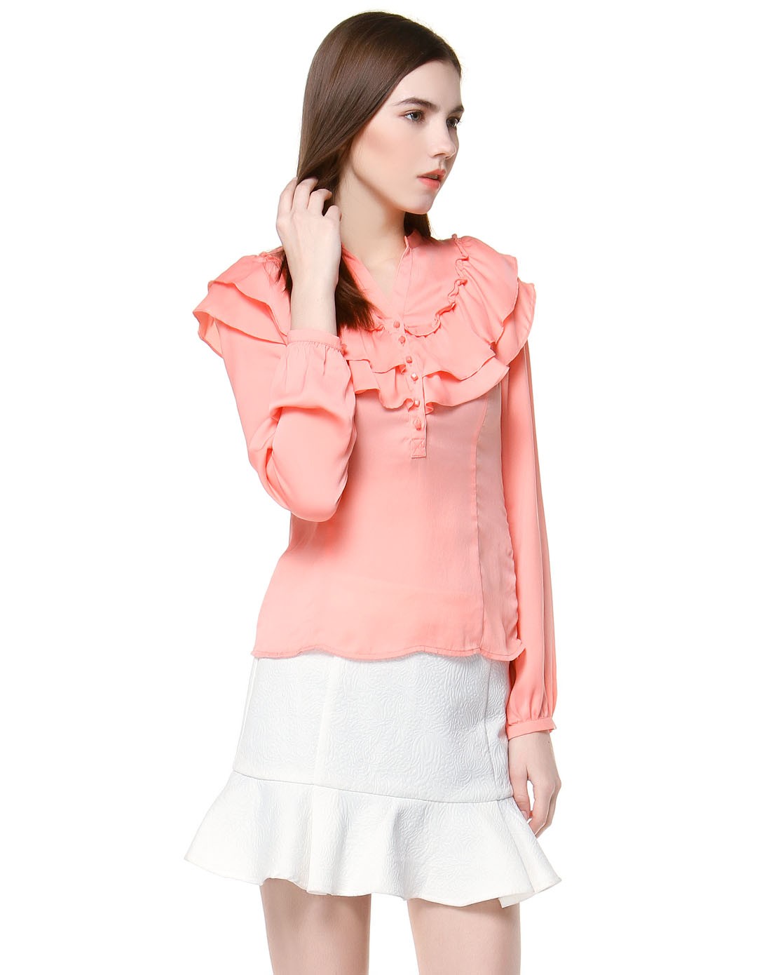 橙粉色淑女碎花领长袖上衣