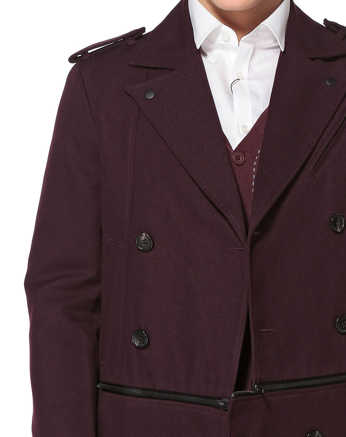 暗紫红色翻领双排扣长袖外套