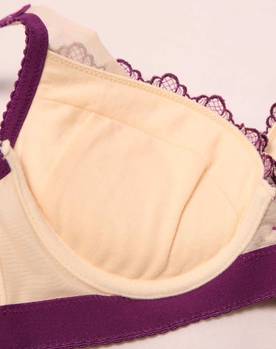 女款特厚模杯奶油紫色刺绣花边文胸