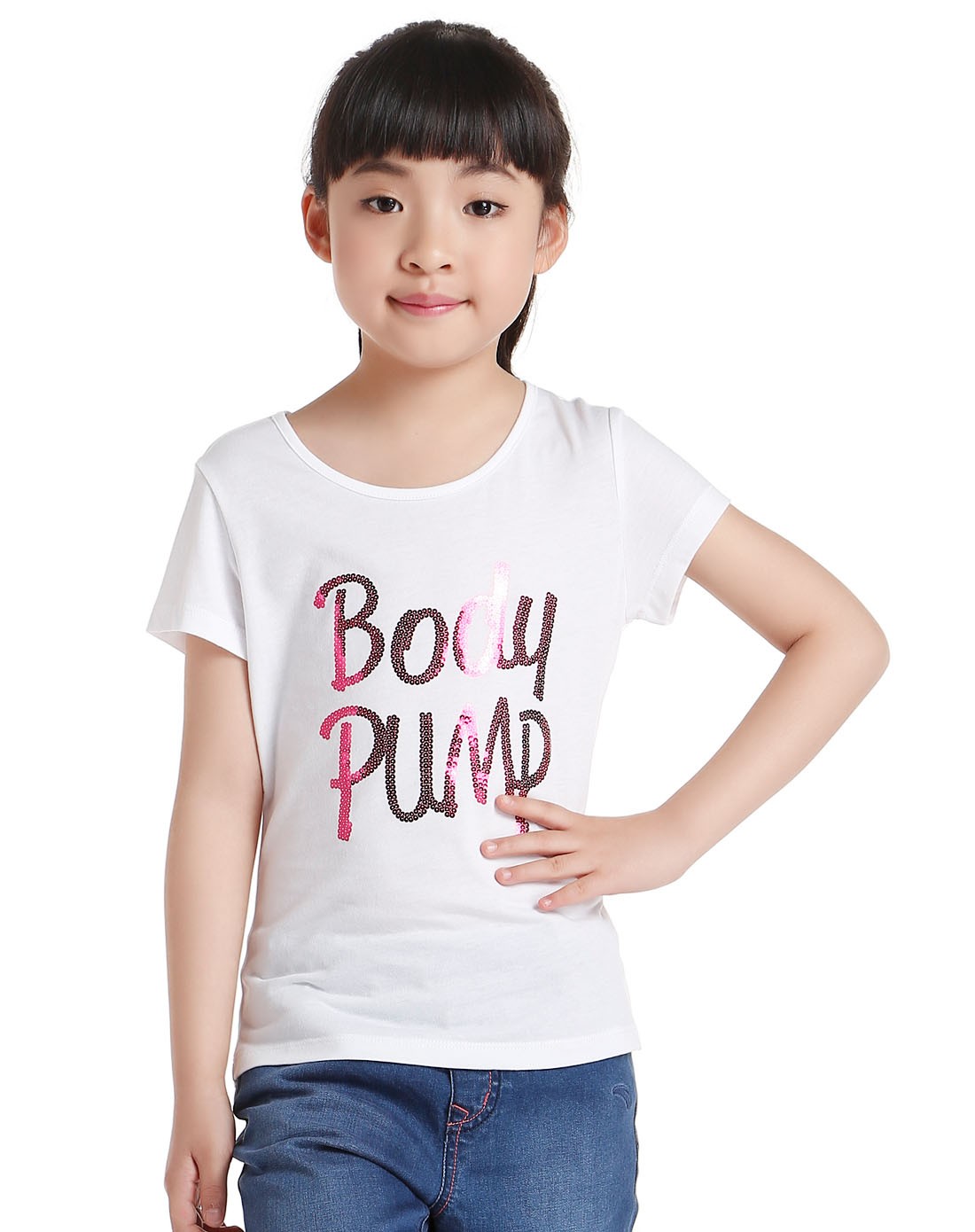安踏anta儿童运动专场-女童款白色圆领短袖t恤 运动舒适珠片