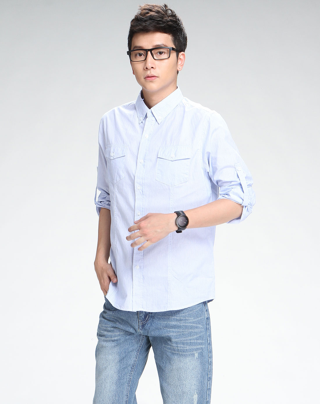 男装海军蓝色休闲条纹长袖衬衫