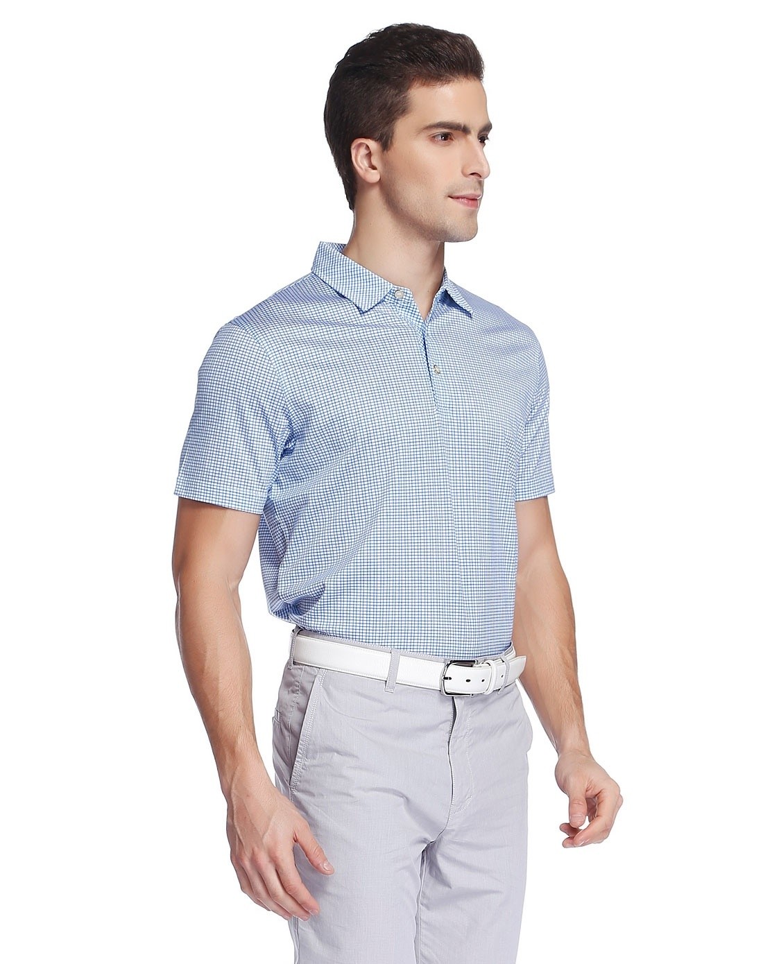 蓝/白色翻领斯文大方格纹短袖t恤