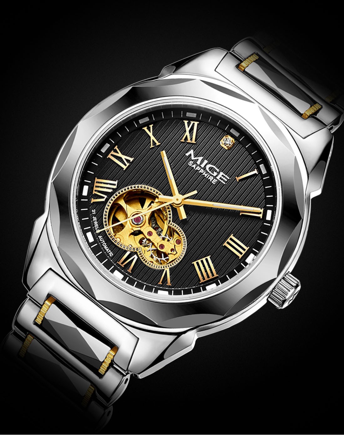 男款黑色全自动机械镂空镶钻机械表