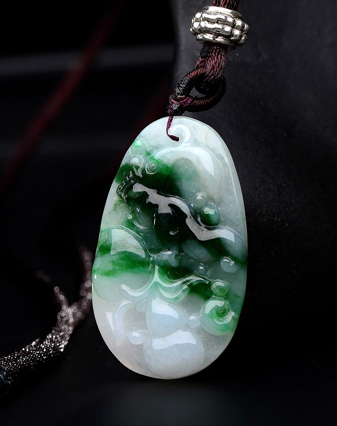 a货翡翠白底青福禄寿喜吊坠