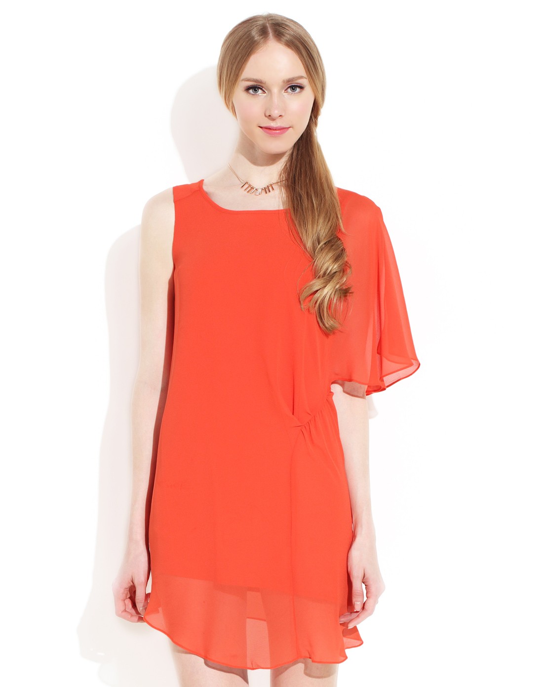 水云间sedate女装专桔红色时尚甜美不规则袖连衣裙33111lae500223