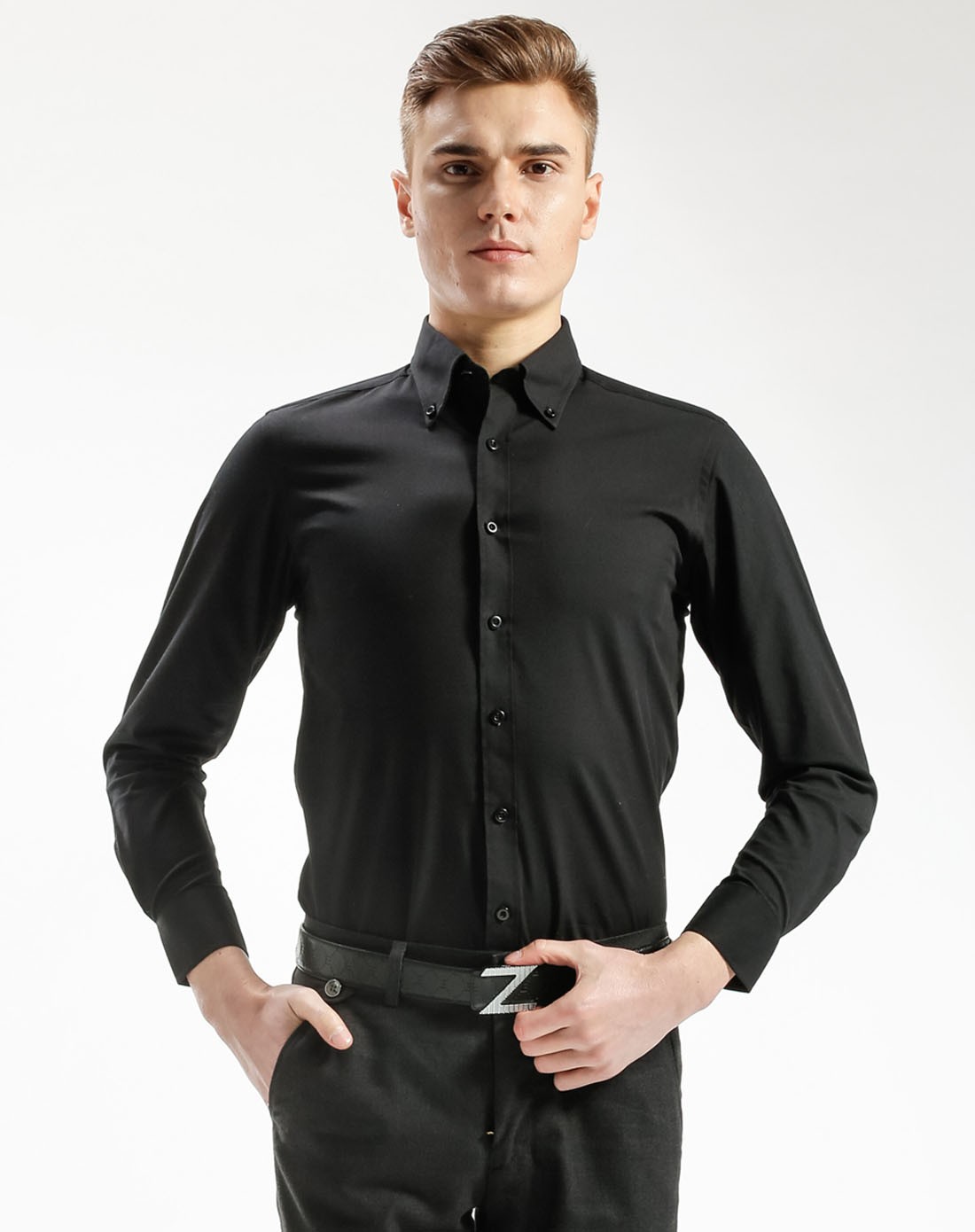 100%棉男款黑色长袖正装衬衫