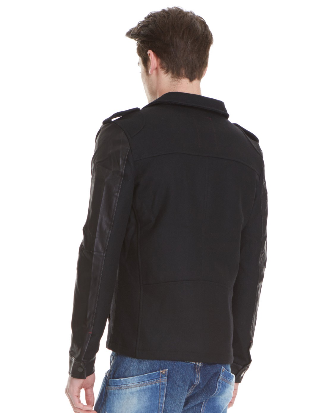 炭黑色时尚休闲立领拼接男士夹克