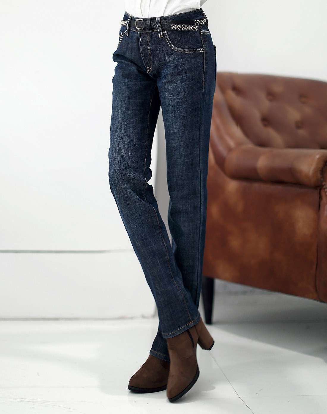 蓝黑 女款时尚复合防风保暖牛仔长裤