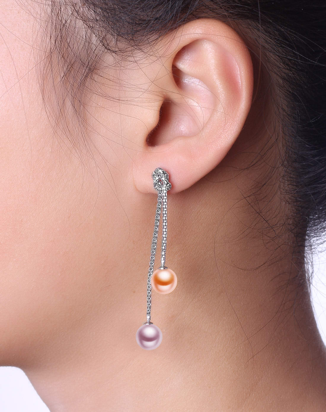 5-8mm正圆(粉色紫色)双色珍珠耳坠 s925银