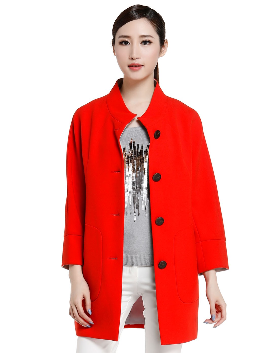 橙红色魅力时尚长袖风衣