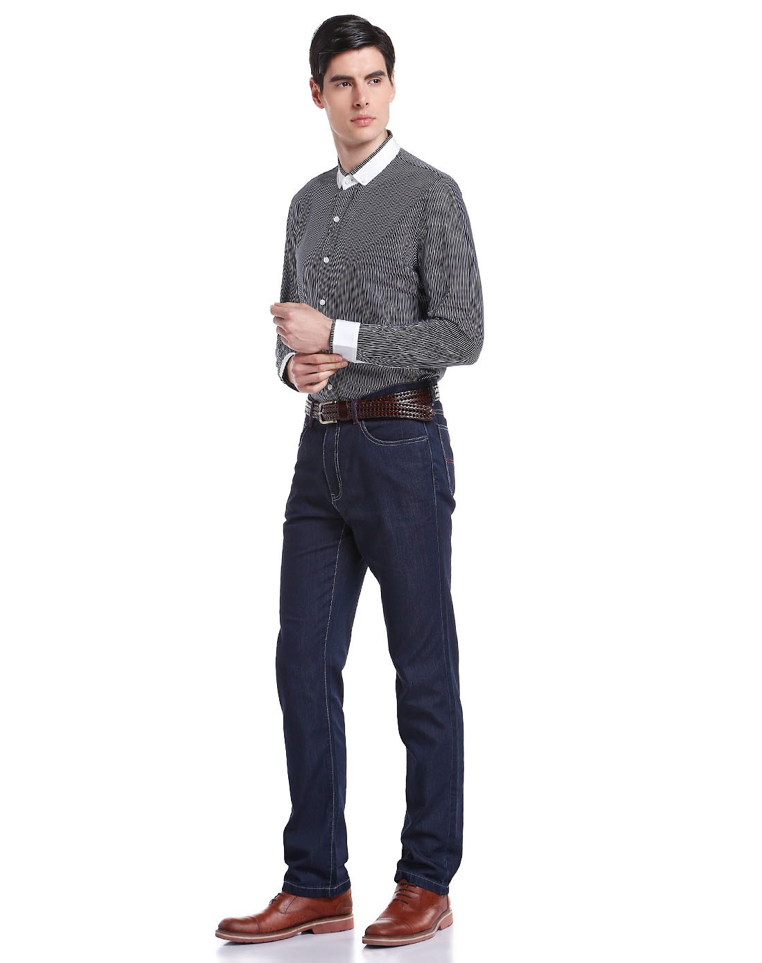 宾度j.benato男装专场 > 黑/白色竖条纹时尚长袖针织衬衫