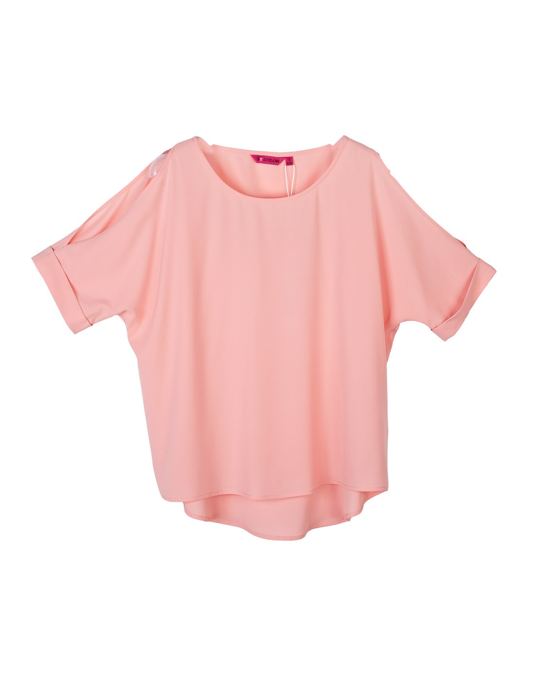 虾粉色前短后长百搭露肩中袖上衣