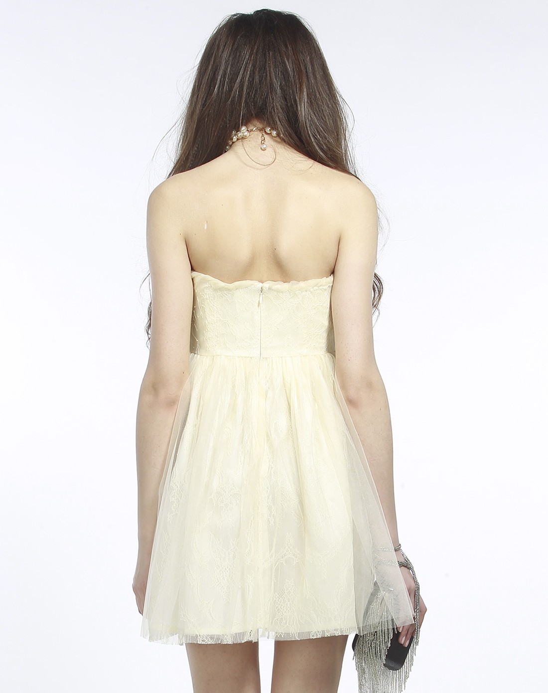 时尚抹胸式薄纱绢花高腰蕾丝连衣裙