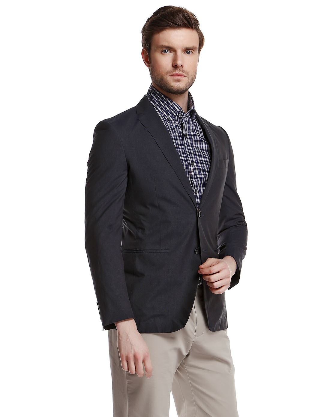 黑蓝色格纹翻领长袖休闲西装