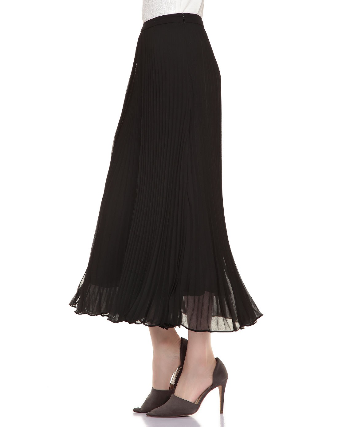 黑色百褶雪纺长裙