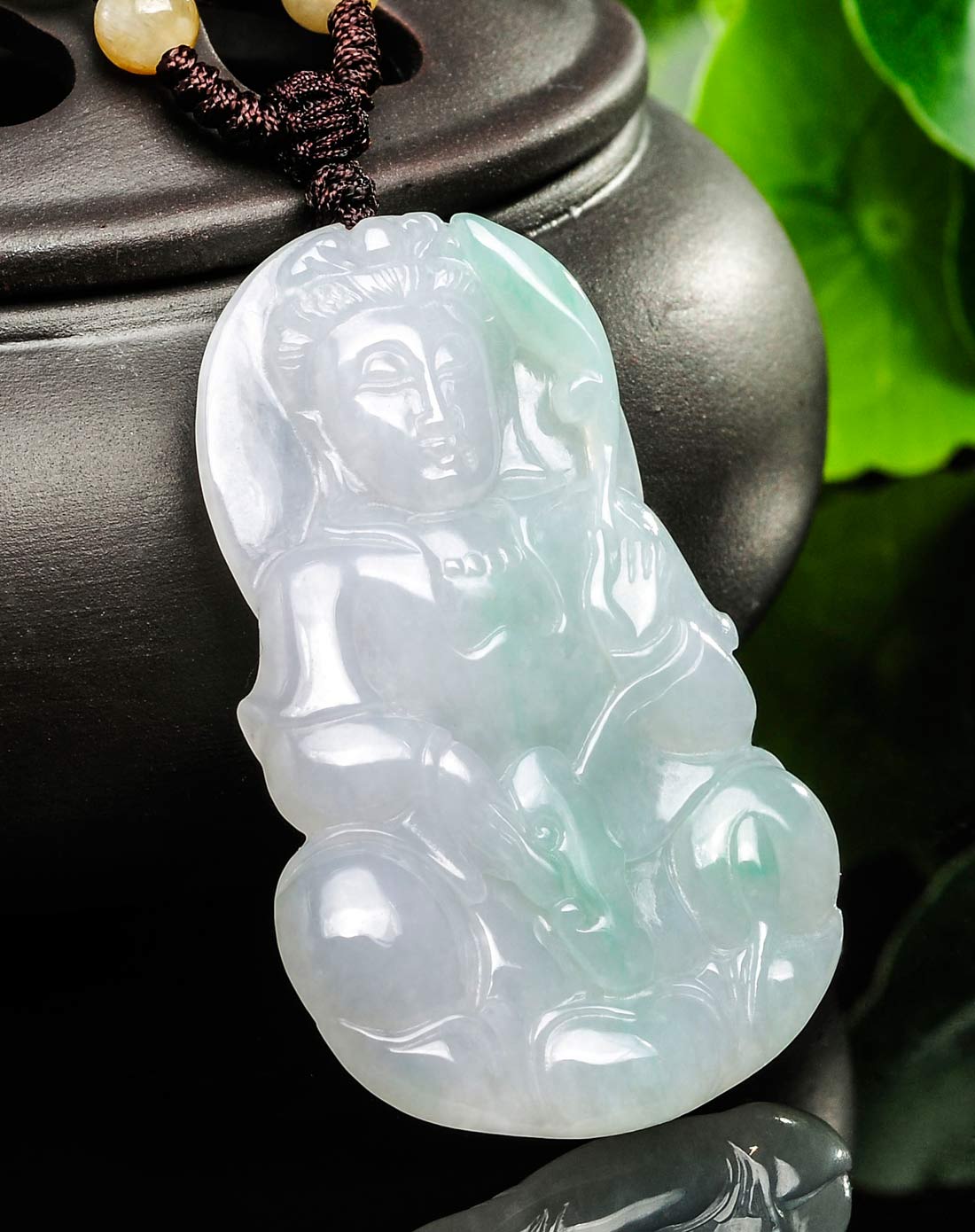冰糯种白底飘翠如意观音 天然翡翠a货挂件(附国检证书)
