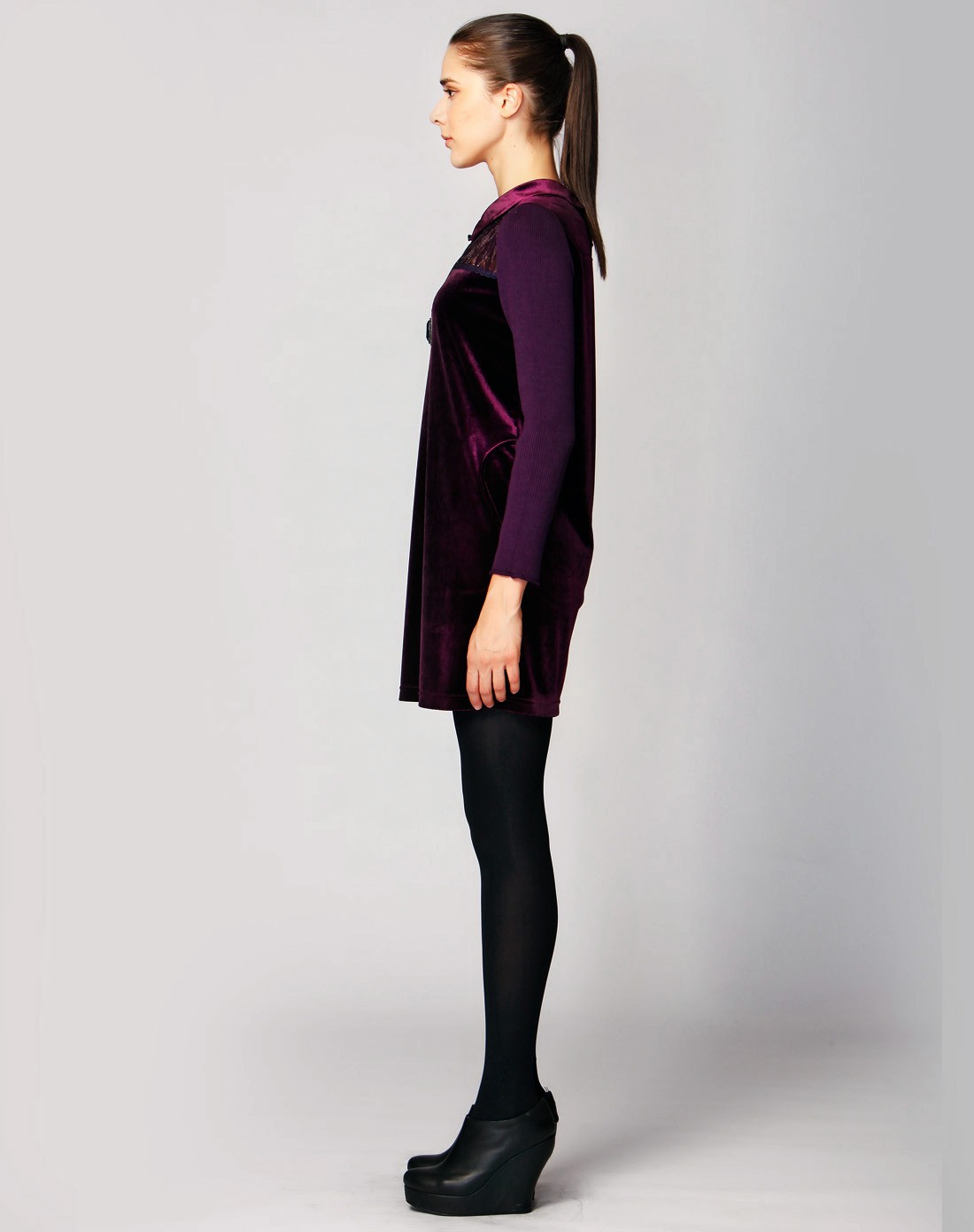 misavogue名莎女装名莎misavogue 紫红色蕾丝优雅长袖连衣裙ms003l