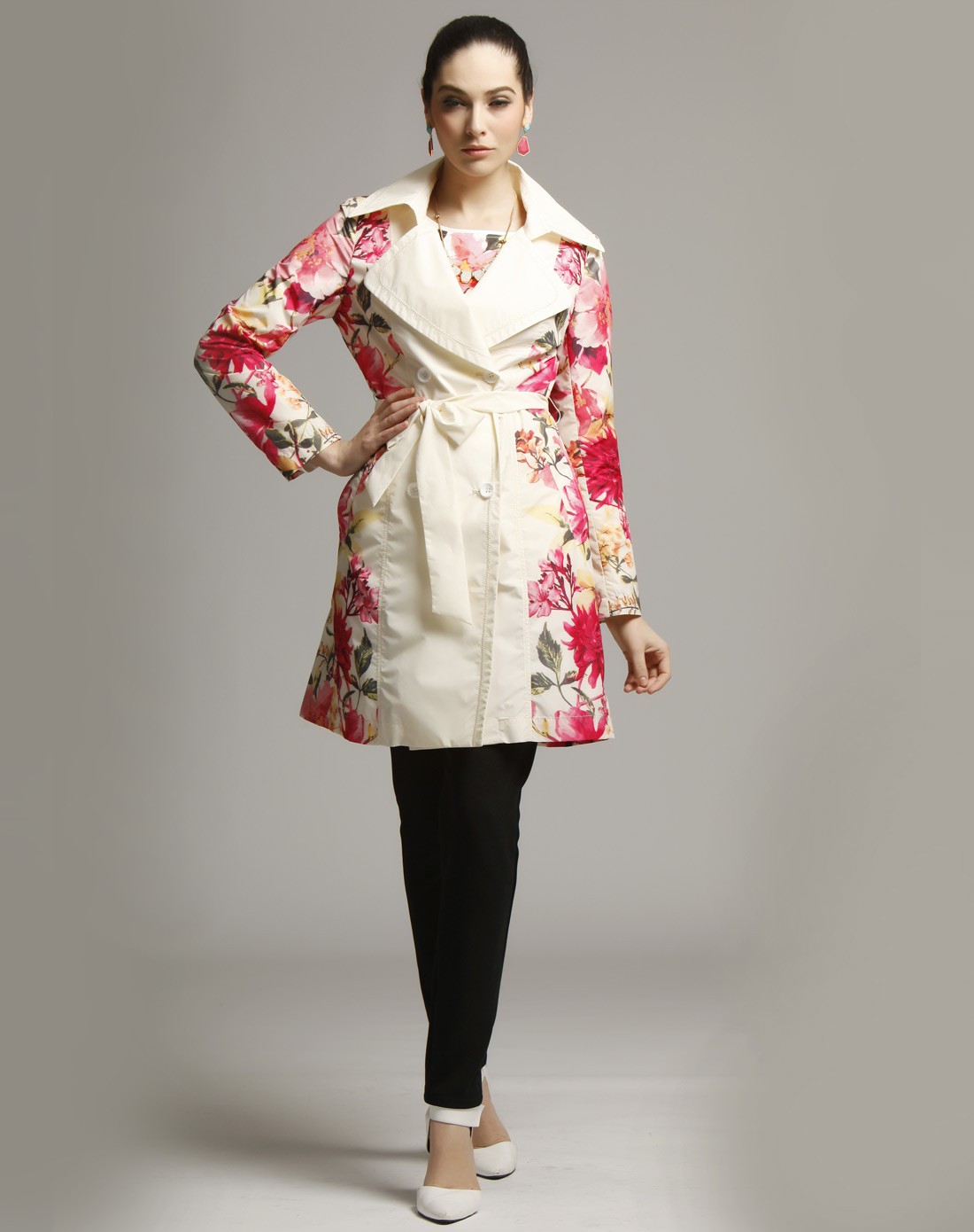 misavogue名莎女装白色素雅印花长袖长款薄风衣ms001f056090_唯品会