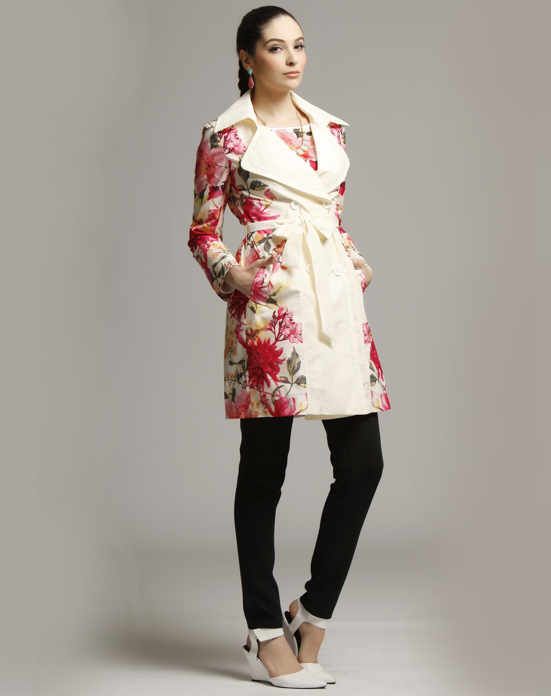 misavogue名莎女装白色素雅印花长袖长款薄风衣ms001f056090_唯品会