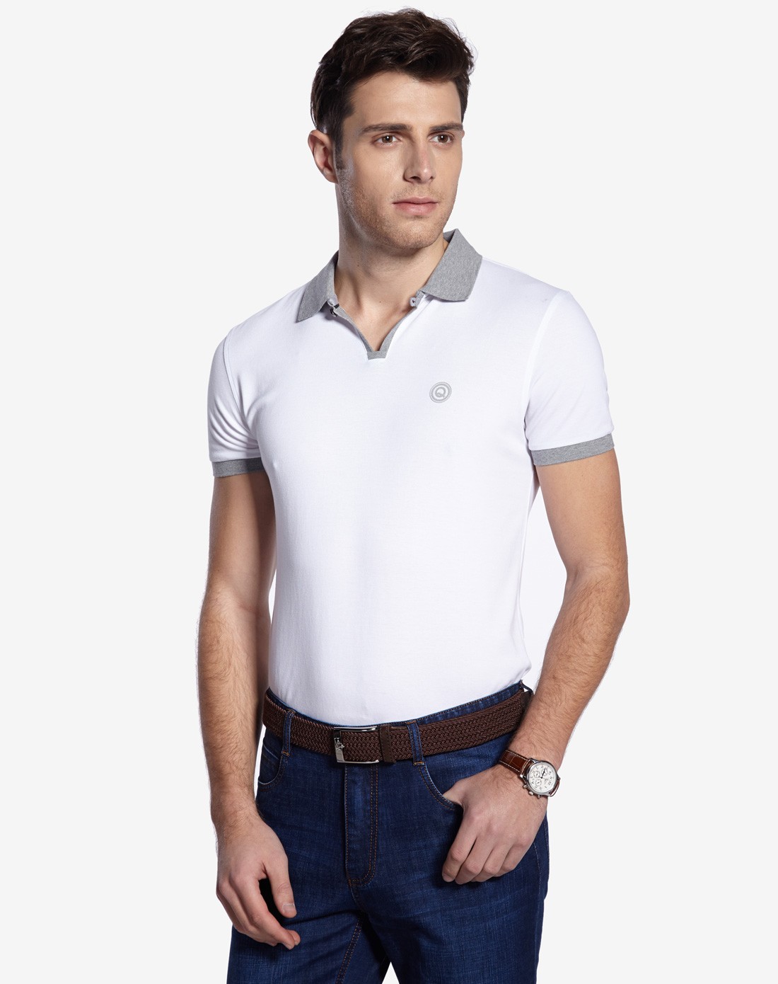 男白色欧美简约翻领短袖polo衫