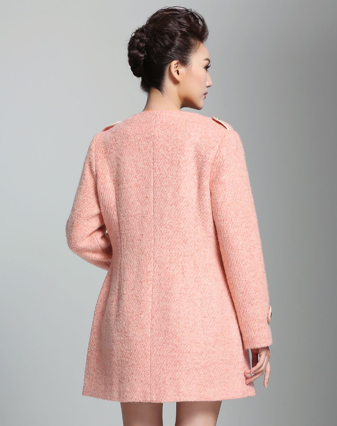 虾粉色双排扣大气长袖长款毛呢外套