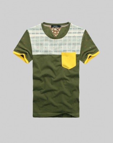 苔绿色圆领拼接短袖t恤