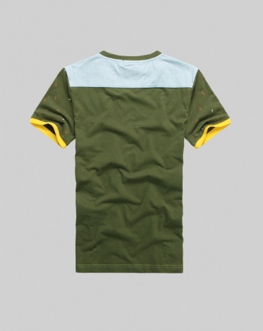 苔绿色圆领拼接短袖t恤