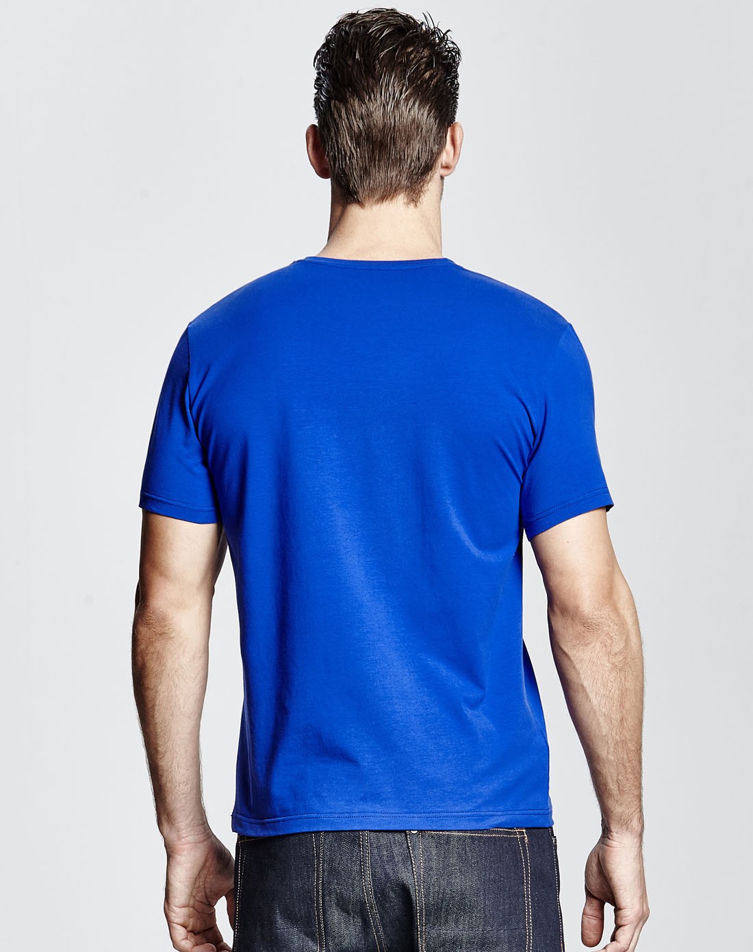 男彩蓝色莱卡棉圆领男士t恤