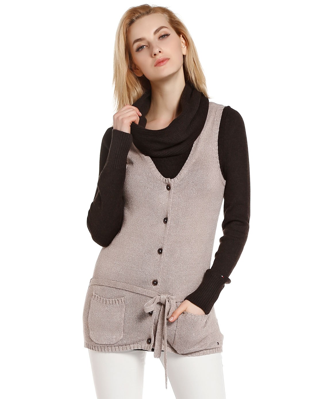 浅啡色百搭休闲开襟针织背心