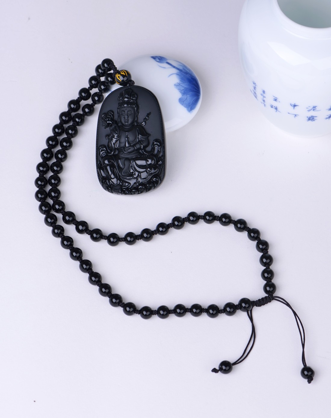 宝菲尔 天然黑曜石普贤菩萨观音项链附证书