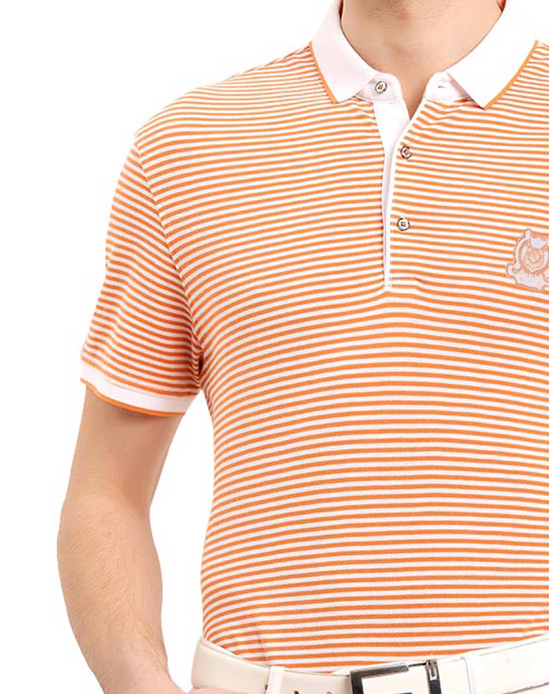 男款橙色翻领精致细条全棉短袖t恤