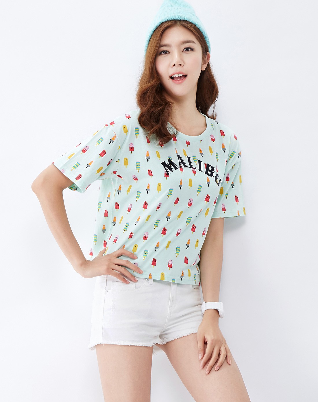 女款浅水绿冰淇淋满印休闲短袖t恤