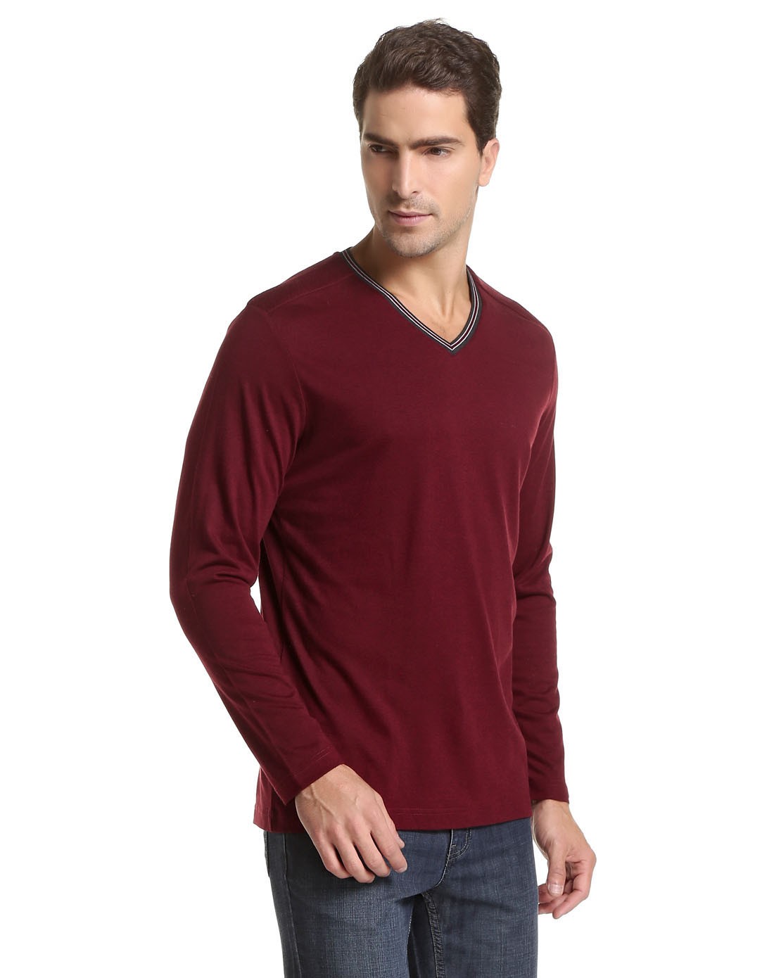 暗红色v领休闲成熟长袖针织t恤