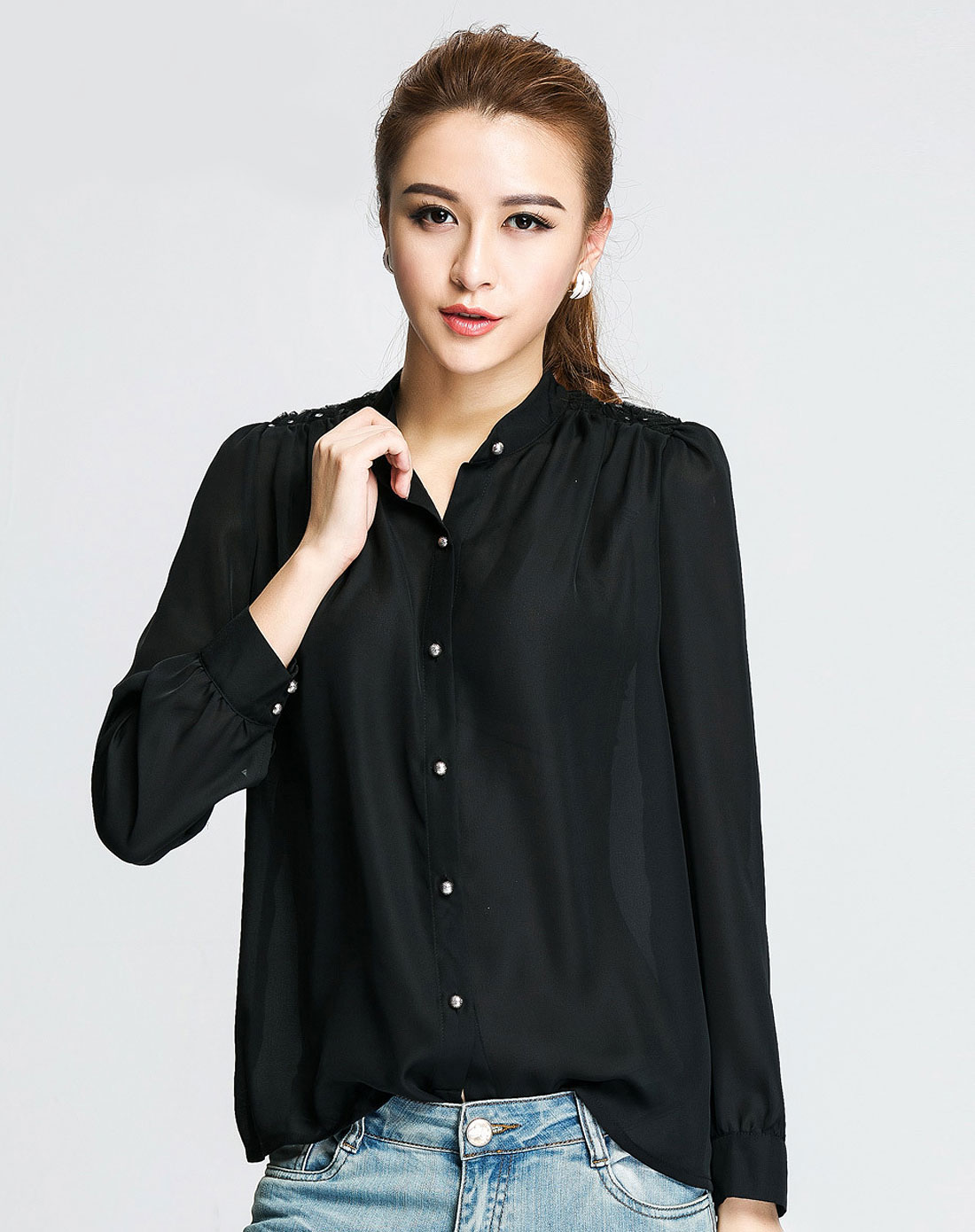 黑色宽松休闲雪纺长袖衬衫
