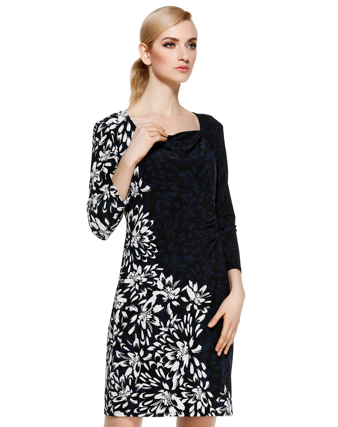 anne klein女装专场 黑/蓝色印花经典七分袖连衣裙