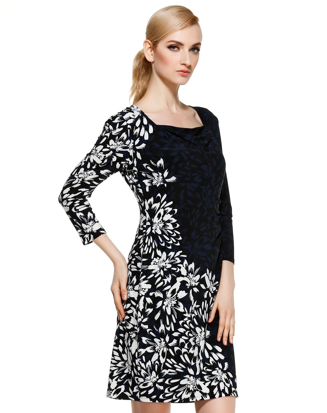 anne klein女装专场 黑/蓝色印花经典七分袖连衣裙
